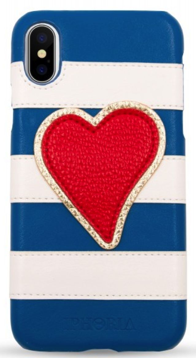 Veggie Leather Case per Apple iPhone X – Stripes Blue and White Heart Red